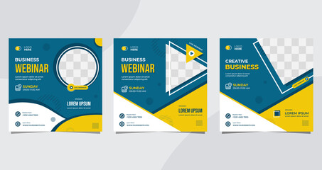 Set of minimalist social media post template for Business Webinar, Creative webinar, Online Education and other online seminars. with Blue and Yellow background