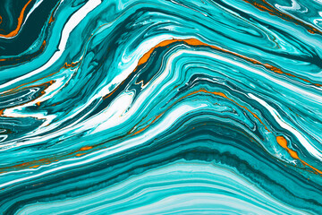 Fluid art texture. Background with abstract iridescent paint effect. Liquid acrylic artwork that flows and splashes. Mixed paints for interior poster. Turquoise, white and orange overflowing colors