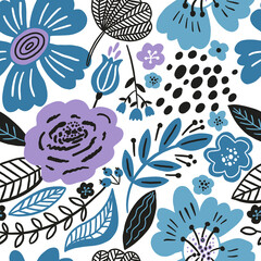 Vector floral seamless pattern white colors winter. Flat flowers, petals, leaves with and doodle elements. Collage style botanical background for textile and surface. Cutout paper design.