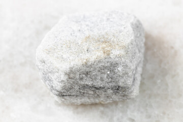 closeup of sample of natural mineral from geological collection - rough Marble rock on white marble background from Moscow region, Russia