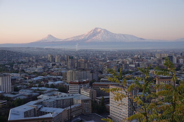 Panorama of the morning city of Yerevan and the peaks of Mount Ararat