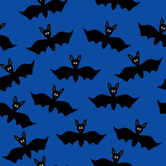 smiling bats on a blue background Halloween seamless pattern 