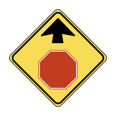 Stop ahead road sign. Vector illustration of yellow diamond shaped traffic sign with black arrow and STOP sign inside. Caution for driver. Slow down because you are approaching intersection.