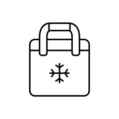 Bag refrigerator. Line art icon of picnic cooler bag. Black simple illustration of plastic or textile thermobox with snowflake. Contour isolated vector pictogram on white background - 380852440