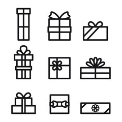 Set of vector icons. Gift box with ribbon and bow Pack of eps drawings of presents. Collection of pictograms for advertising, social media, online shops. Celebration logo, sale symbol. Flat web icons.