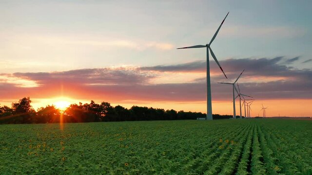Aerial view of wind turbines standing in sunset. Aerial View of a Farm With Wind Turbines. Generating Clean Renewable Energy. bright orange sunset wind park drone. Alternative energy 