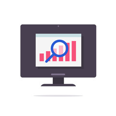 Financial audit sales statistics data web research icon vector concept, digital analysis report online on computer pc, analytics website screen flat, accounting finance stocks market inspection