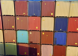 View on the stacks of the containers loaded on deck of the cargo ship.