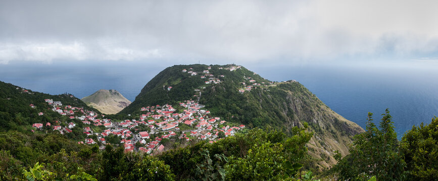 Panoramic view of island overlooking village on Saba