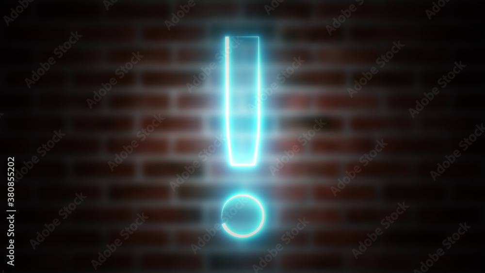 Poster exclamation mark neon sign on a backdrop of brickwork, computer generated. 3d rendering of wireframe