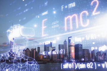 Double exposure of sience formula drawing and cityscape background. Concept of education.