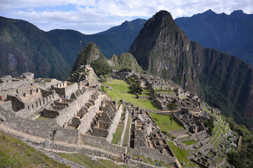 View of the terraces and stone buildings from inside the ancient Incan city of Machu Picchu