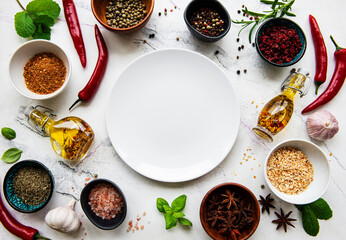Empty plate and frame of spices