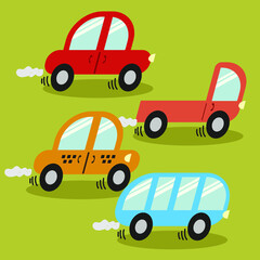 Naklejka premium Set Vector drawing of machines in flat design. Road, driving, transportation in cartoon style.