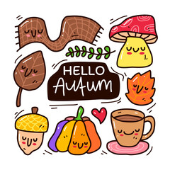 Doodle collection set of autumn element on isolated white background. Doodle autumn