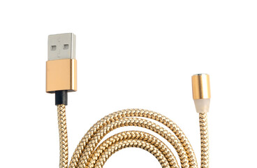 Gold color magnetic charger wire for phone on white background