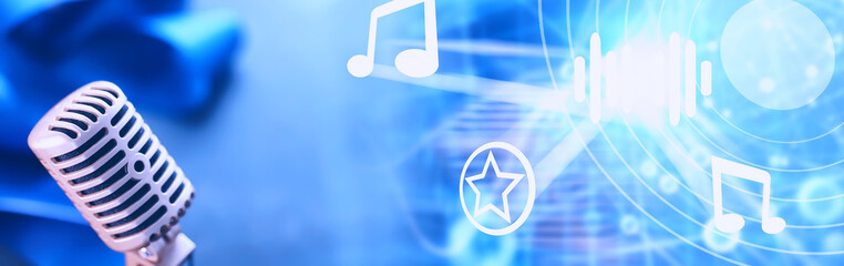 The concept of media presentations. Retro microphone on the background. Concert and show poster....