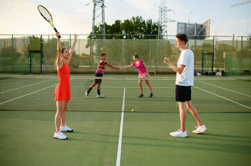 Mixed doubles tennis, players finished the game
