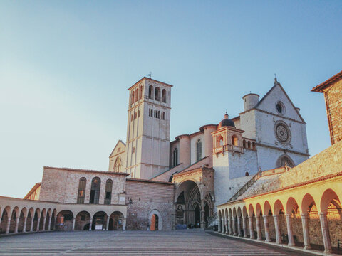 Famous Basilica of St. Francis of Assisi with Lower Plaza at sunset