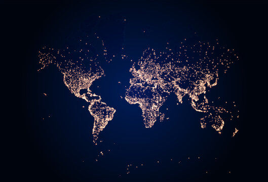 Earth night map. Vector illustration of cities lights from space. Dark map