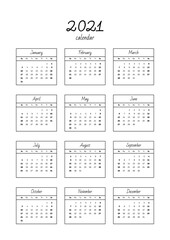 Wall calendar 2021. Blank printable vertical one-page calendar. Vector 8 EPS.