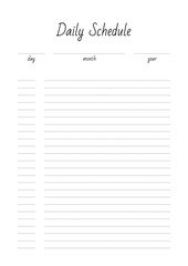 Daily Schedule. Blank printable vertical notebook page. Vector 8 ESP.