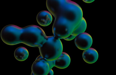 Abstract holographic floating liquid blobs on black background. soap bubbles, metaballs. 3d render.