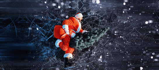 Santa Claus on ice skates goes to Christmas. Santa Claus hurries to meet the New Year with gifts...