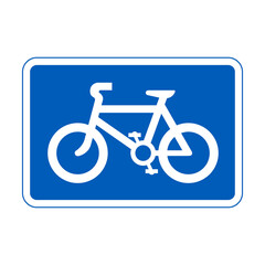 Cycle lane road sign.  Route recommended for pedal cycles on main carriageway. Vector illustration of bicycles only traffic sign. Route for pedal bikes. White bike inside blue rectangle.