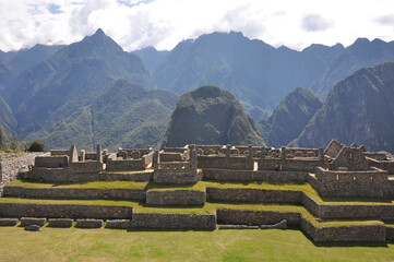 View of the terraces and stone buildings from inside the ancient Incan city of Machu Picchu