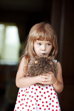 Little girl with a toy bunny (hedgehog)