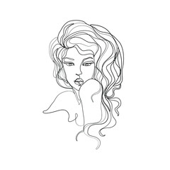 Woman abstract portrait, continuous line drawing, face of the girl is a single line on a white background,  Vector illustration. Tattoo, print and logo design for a spa or beauty salon. Line art.