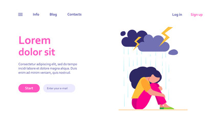 Young lonely girl sitting under storm cloud isolated flat vector illustration. Cartoon unhappy woman crying because of problems. Depression and mental disorder concept
