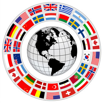 Earth globe 3D icon with a ring of flags around as international cooperation vector symbol.