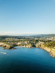 Aerial view of the Galician coast at the opening of the Ria de Pontevedra, were the Atlantic ocean meets the land.