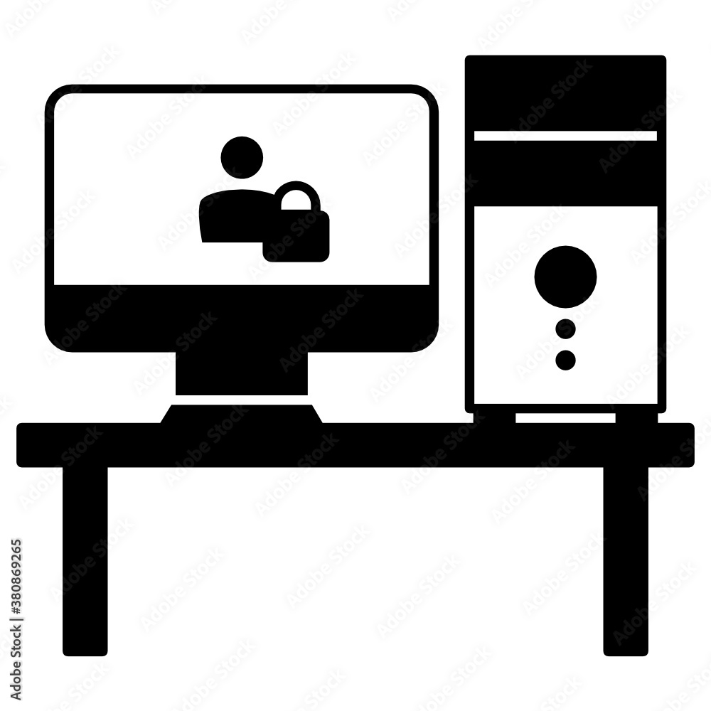 Poster pc with table and login screen vector icon design concept, networking admin symbol on white backgrou