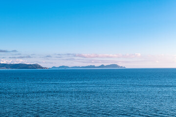 Panorama view of Cies islands in the Ría de Vigo in Galicia, Spain.