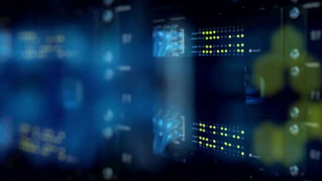 Super computer server racks in datacenter,concept of big data storage and mining cryptocurrency. Network routers of ISP. Many wires connect to the network interfaces of powerful Internet servers