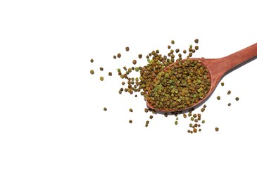 Grass Pea Seeds or Lathyrus Sativus in a Wooden Ladle Isolated on White Background with Copy Space,...