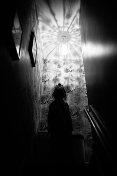 An anonymous child wearing a tiara at the top of a staircase covered in rose wallpaper.