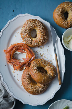 Homemade bagel with gravad lax