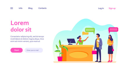 Receptionist job vector illustration. Customers consulting manager at reception. Tourists checking in to hotel, standing at desk in lobby