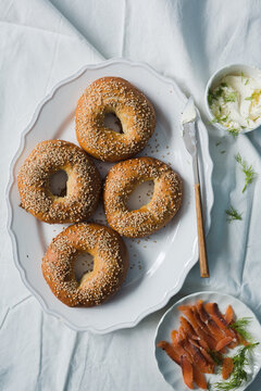 Homemade bagel with gravad lax and cream cheese