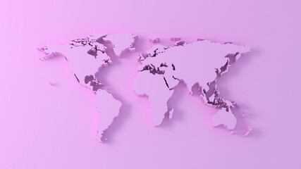 Pink World Map 3D illustration  with light and shadow 