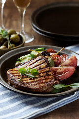 Grilled Turkey Breast with fresh salad. Close up.	