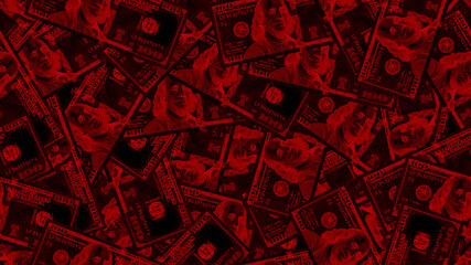 Fototapeta premium Illustration of a seamless rectangular pattern. US red and black paper money. Randomly scattered 100 dollar banknotes obverse