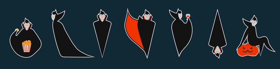 Set of dracula stickers in different pose for Halloween. Costume for masquerade. Cute flat vector illustration on isolated background.