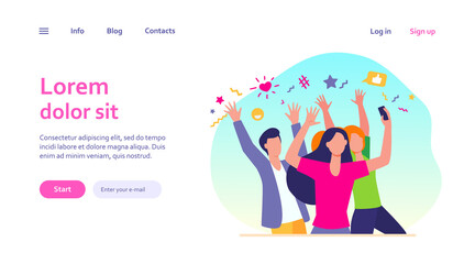 Happy young people taking photo via mobile phone flat vector illustration. Cheerful group of characters having fun and posing for picture. Digital technology and friendship concept