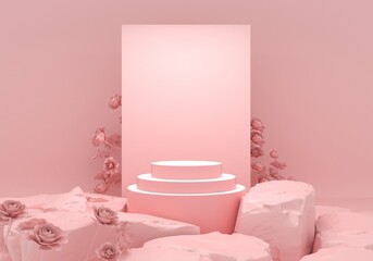 Minimal abstract background with rock and flowers. Empty podium, pastel color, modern stage, showcase.minimalist mockup for podium display or showcase, 3d rendering.	
