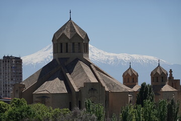 Saint Gregory The Illuminator Cathedral in Yerevan with the outline of mount ararat